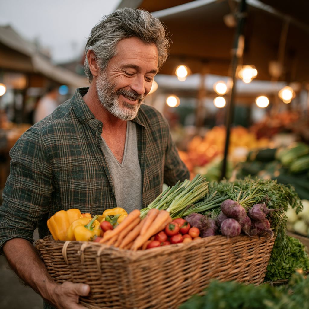 Mature man in his late 40s with gray beard smiling while examining fresh colorful vegetables and fruits at a farmers market, wearing a casual button-up shirt and carrying a wicker basket