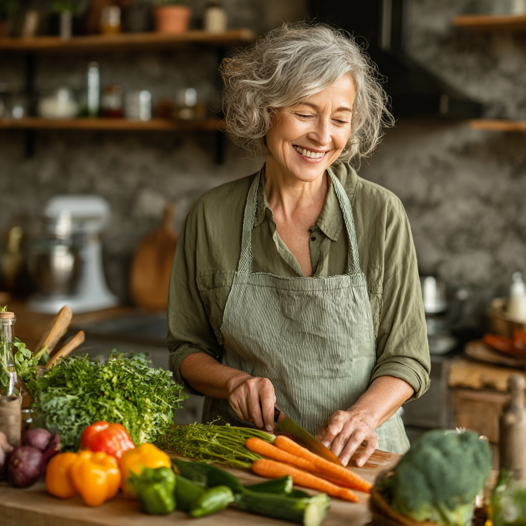 Smiling middle-aged woman with gray hair in her 50s preparing a colorful healthy meal in a modern kitchen, wearing a light green apron and looking confident while chopping fresh vegetables